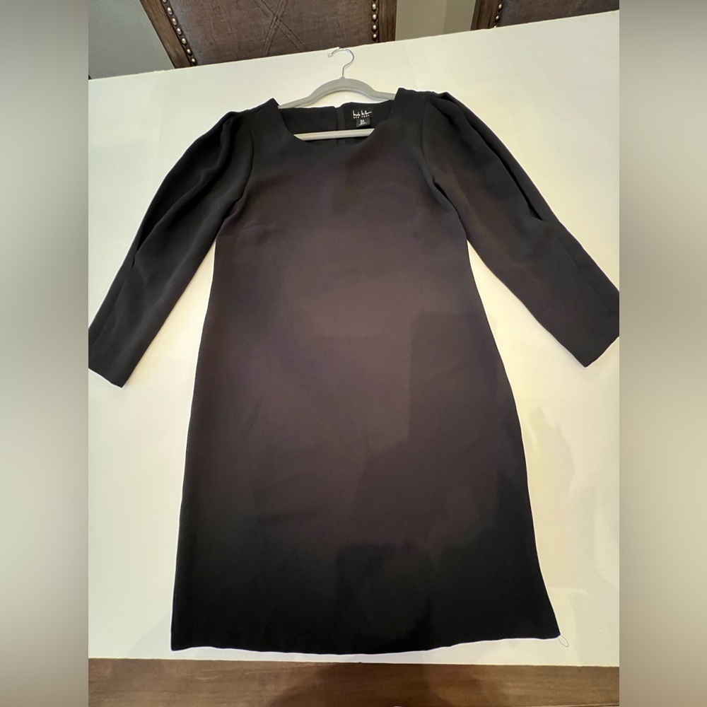 NICOLE MILLER LONG SLEEVE BLACK DRESS. SIZE 0. UNIQUE OPEN PLEAT SLEEVES